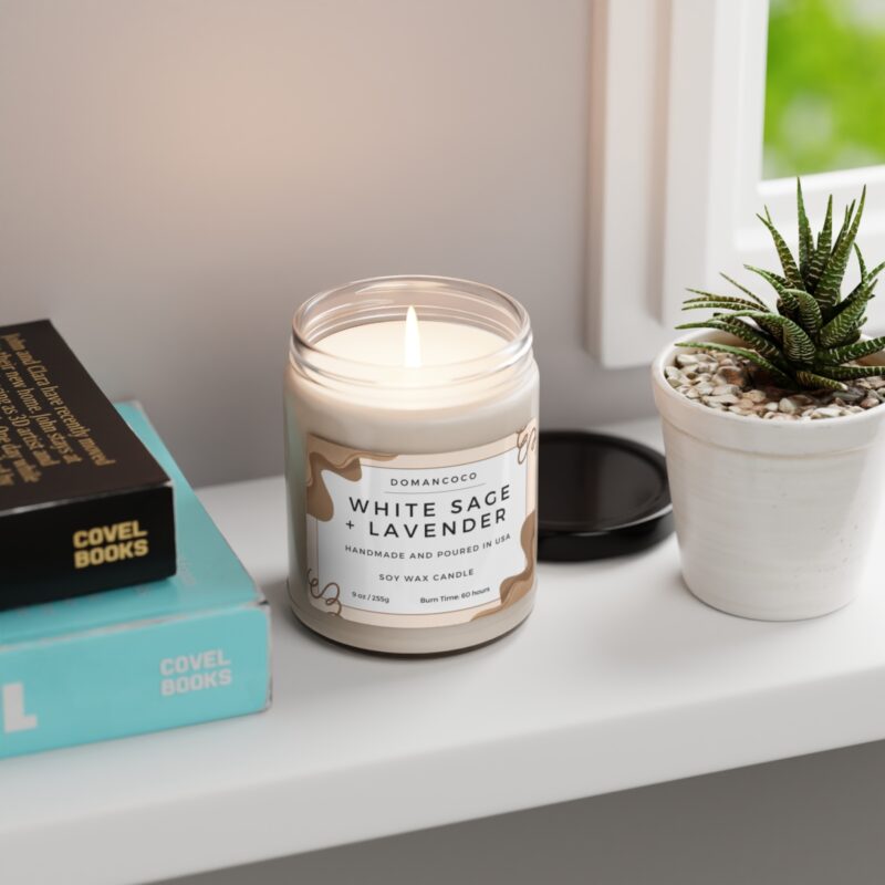 White Sage And Lavender Scented 100%  Soy W ax Candle, 9oz - Pink Brown Label - Image 4